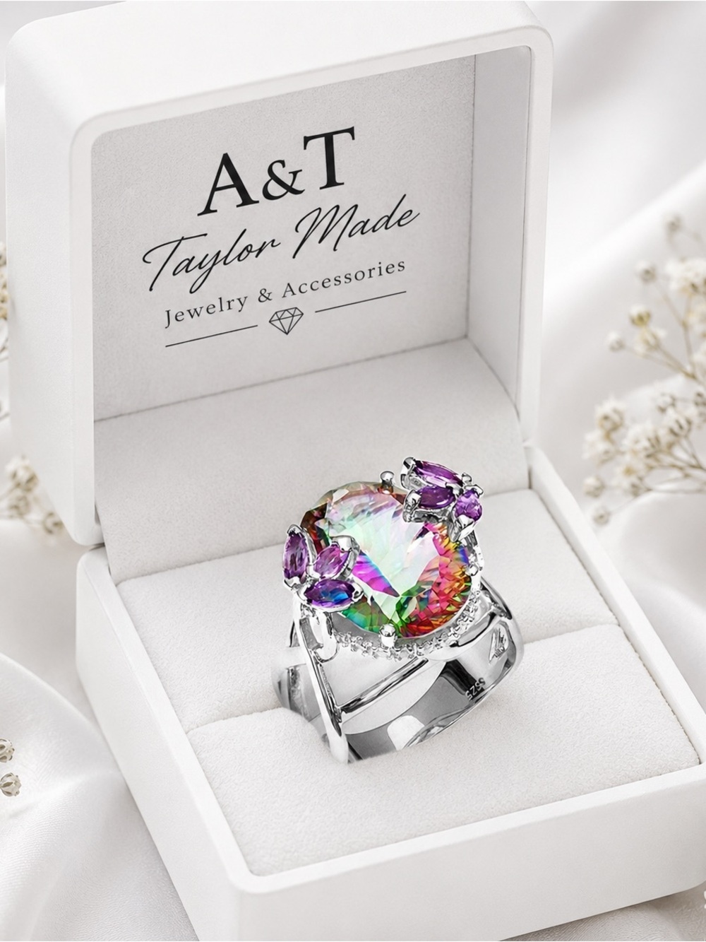 Silver Plated multicolored mystic topaz center stone ring.
